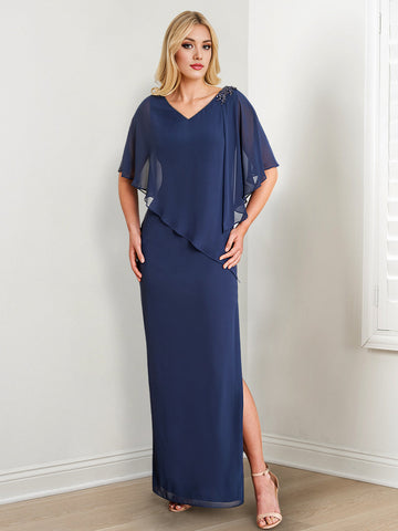 Sheath/Column V-Neck Mother of the Bride Dresses with Beading & Split Side