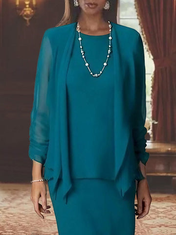 Vestidos de corte recto/columna, escote redondo, manga larga y largo hasta el suelo para la madre de la novia 