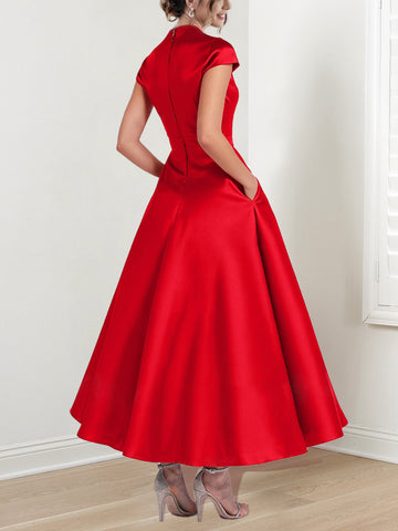 Vestidos de corte princesa/línea A con escote en V, manga corta y largo hasta el tobillo para la madre de la novia 