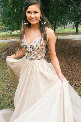 Chic Spaghetti Straps Low Back A Line Long Evening Dress