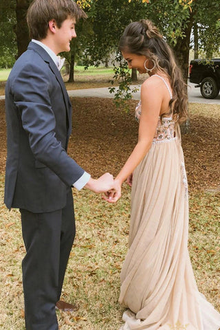 Chic Spaghetti Straps Low Back A Line Long Evening Dress