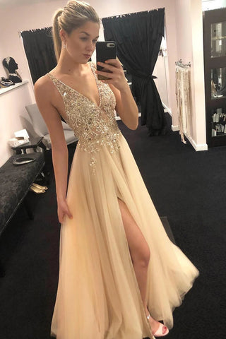 Robe de bal longue en tulle à décolleté en V profond et perles, robe de soirée fendue simple