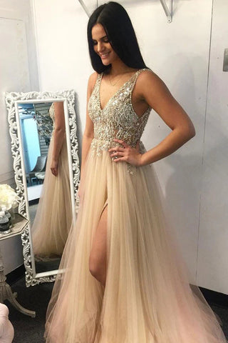 Robe de bal longue en tulle à décolleté en V profond et perles, robe de soirée fendue simple