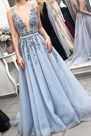 Sleeveless V-neck Backless Light Blue with Lace Appliques Long Prom Dresses