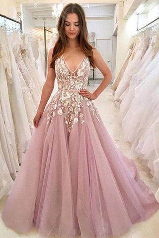 Magnifique robe de bal rose en tulle et dentelle à col en V, robes de mariée
