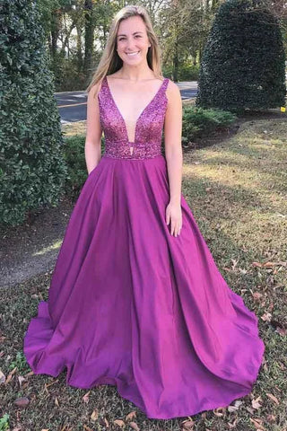 A-Line V-Neck Sweep Train Fuchsia Prom Dress With Beading Pockets