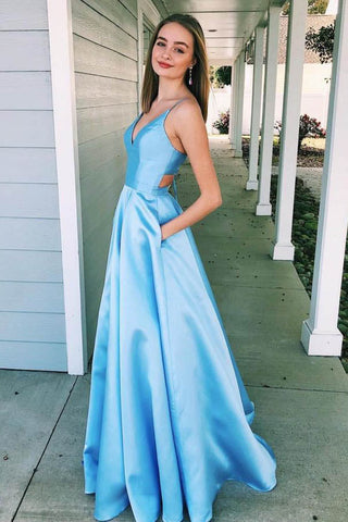Blue Prom Dress Long Satin Pockets Party Gowns Spaghetti Straps A Line