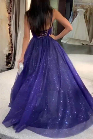 Vestido de graduación de tul brillante, corte en A, escote en V, tirantes finos y estilo modesto