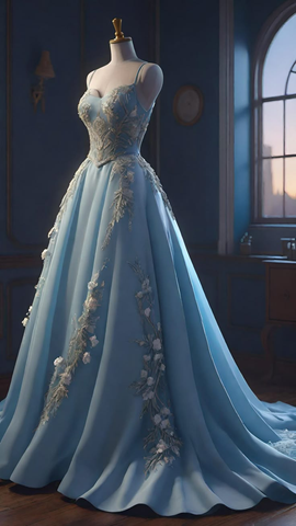 Elegante vestido de fiesta azul de corte A con apliques de satén y tirantes finos Y8396