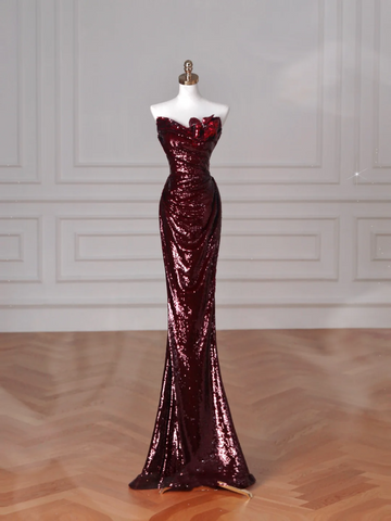 Robe de soirée sirène bordeaux à sequins épaules dénudées, modèle Y8639