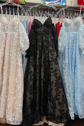 Robe de bal longue en dentelle à manches bouffantes et bustier scintillants, manches amovibles, modèle Y1805