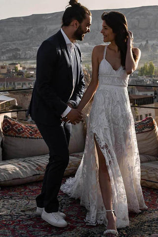 Charming Ivory Lace Floor Length V Neck Long Wedding Dresses on Line