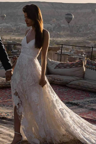 Charming Ivory Boho Lace Bohemian Long Beach Wedding Dresses Bridal Dress