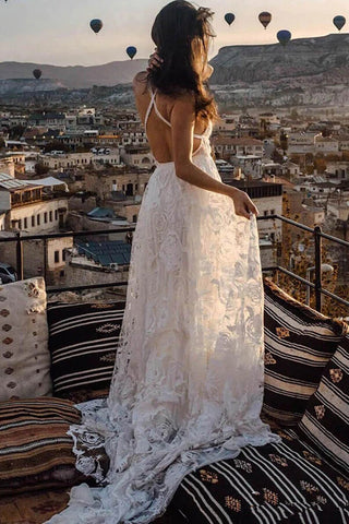 Charming Ivory Boho Lace Bohemian Long Beach Wedding Dresses Bridal Dress