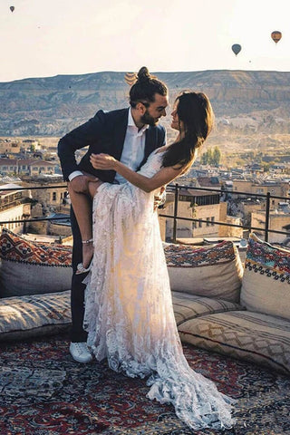 Charming Ivory Boho Lace Bohemian Long Beach Wedding Dresses Bridal Dress