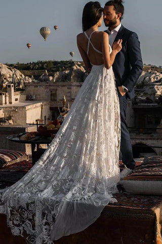 Charming Ivory Boho Lace Bohemian Long Beach Wedding Dresses Bridal Dress