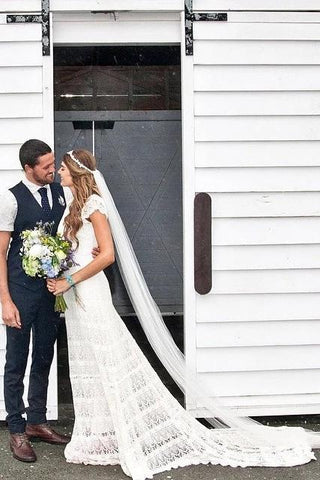 Lace Boho Mermaid Backless Cap Sleeve Bohemian Wedding Dresses MW265