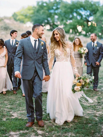 See Through Beaded Floral Lace Long Sleeve Boho Wedding Dresses MW269