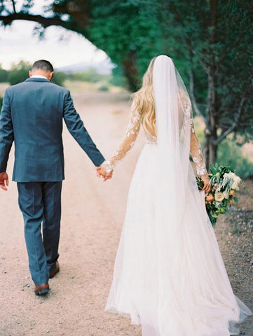 See Through Beaded Floral Lace Long Sleeve Boho Wedding Dresses MW269