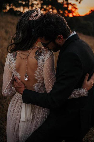 Lace Polka Dot Boho with Sleeves Bohemian Wedding Dress MW274