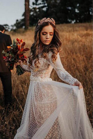 Lace Polka Dot Boho with Sleeves Bohemian Wedding Dress MW274