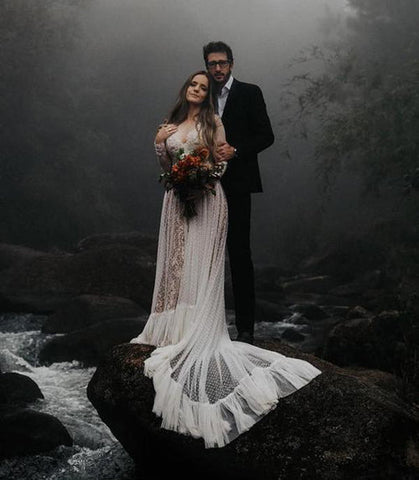 Lace Polka Dot Boho with Sleeves Bohemian Wedding Dress MW274