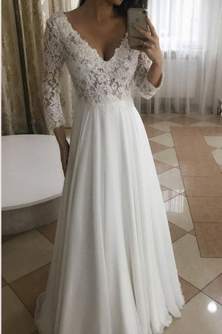 Vestidos de novia largos de encaje blanco, corte en A, escote en V y mangas largas, MW298