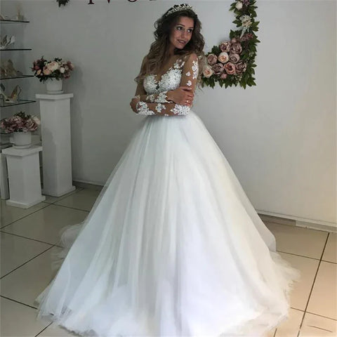 MYYBLE Illusion Scoop Long Sleeve Wedding Dresses Lace Appliques Sheer Back White/ Ivory Tulle Wedding Dress Lace Wedding Gowns