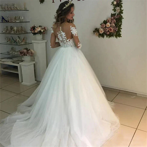 MYYBLE Illusion Scoop Long Sleeve Wedding Dresses Lace Appliques Sheer Back White/ Ivory Tulle Wedding Dress Lace Wedding Gowns