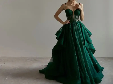 Vestido de noche brillante verde con corsé, corte en A, modelo Y6339