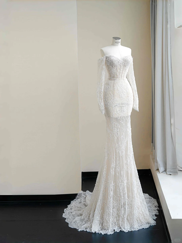 Vestido de noche de sirena con apliques de encaje blanco romántico, tul y lentejuelas, estilo años 8663