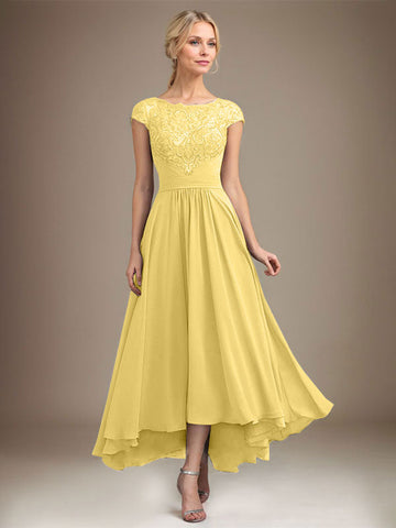 A-line Scoop Illusion Asymmetrical Lace Chiffon Mother of the Bride Dress With Pleated