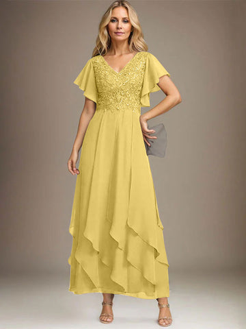 A-line V-Neck Ankle-Length Lace Chiffon Mother of the Bride Dress With Cascading Ruffles