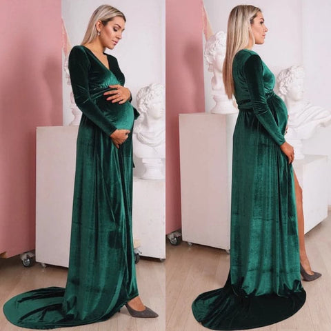 Emerald Green Velvet Dress with Train