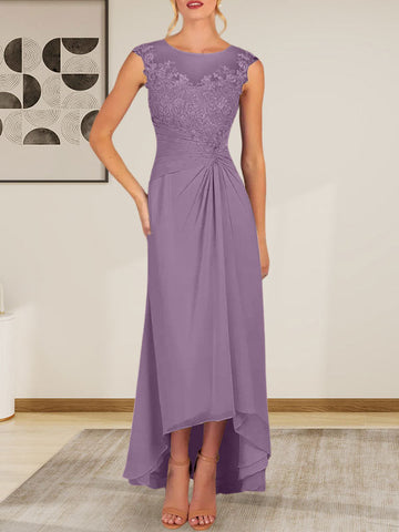 Vestido de gasa de encaje color champán, corte en A, escote redondo