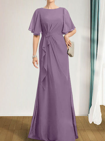 A-line Scoop Floor-Length Chiffon Mother of the Bride Dress With Cascading Ruffles Beading Sequins