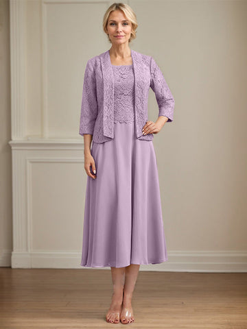 A-line Scoop Tea-Length Lace Chiffon Mother of the Bride Dress