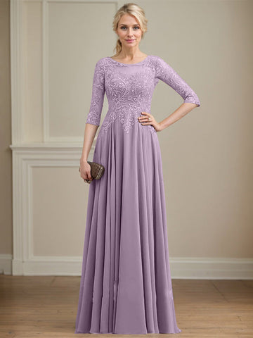 A-line Scoop Illusion Floor-Length Lace Chiffon Mother of the Bride Dress With Sequins