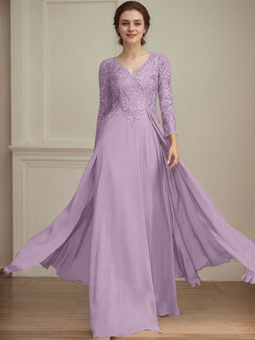 A-line V-Neck Floor-Length Lace Chiffon Mother of the Bride Dress With Sequins