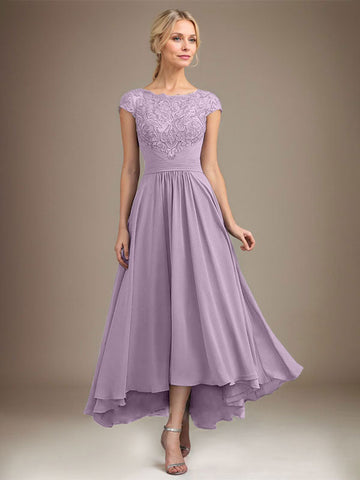 A-line Scoop Illusion Asymmetrical Lace Chiffon Mother of the Bride Dress With Pleated