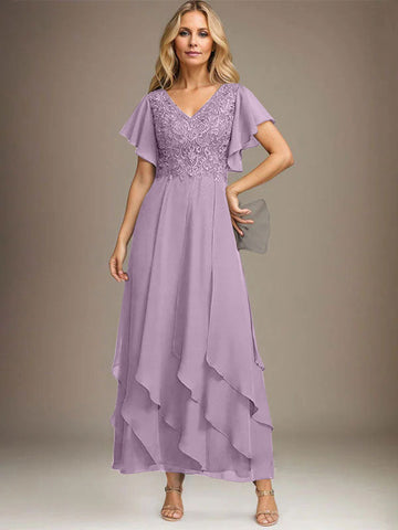 A-line V-Neck Ankle-Length Lace Chiffon Mother of the Bride Dress With Cascading Ruffles
