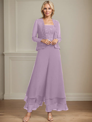 Separates Jumpsuit/Pantsuit Square Ankle-Length Lace Chiffon Mother of the Bride Dress With Sequins