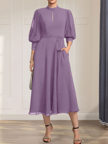 A-line High Neck Tea-Length Lace Chiffon Mother of the Bride Dress With Bow