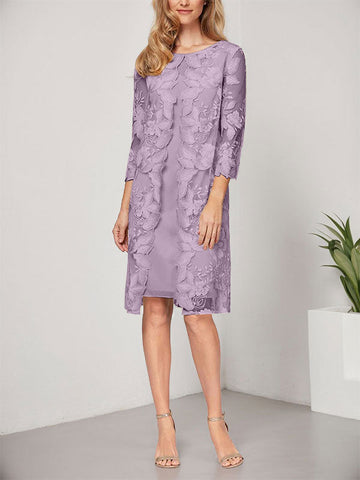 Vestido de corte A, escote redondo, largo hasta la rodilla, de gasa y encaje, para la madre de la novia, con chaqueta. 