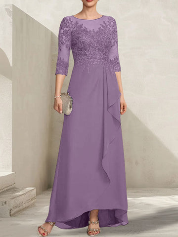 A-line Scoop Illusion Asymmetrical Lace Chiffon Mother of the Bride Dress With Sequins Cascading Ruffles