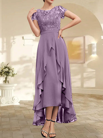 A-line Scoop Illusion Asymmetrical Chiffon Lace Mother of the Bride Dress With Bow Ruffle Sequins