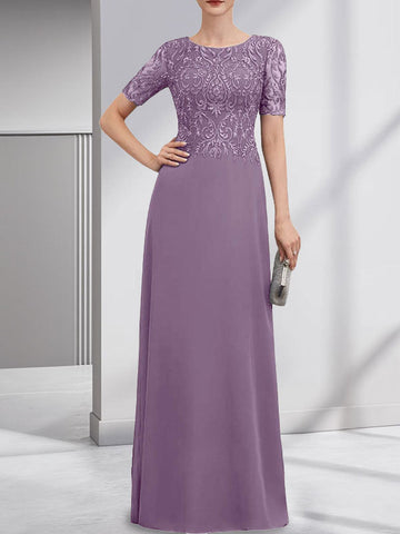 A-line Scoop Floor-Length Lace Chiffon Mother of the Bride Dress With Sequins