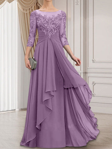 A-line Scoop Illusion Floor-Length Lace Chiffon Mother of the Bride Dress With Cascading Ruffles