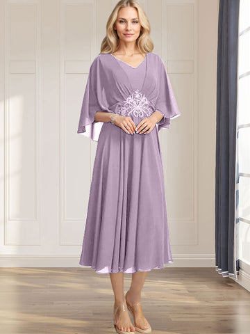 A-line V-Neck Tea-Length Chiffon Mother of the Bride Dress With Pleated Sequins Appliques Lace Beadind