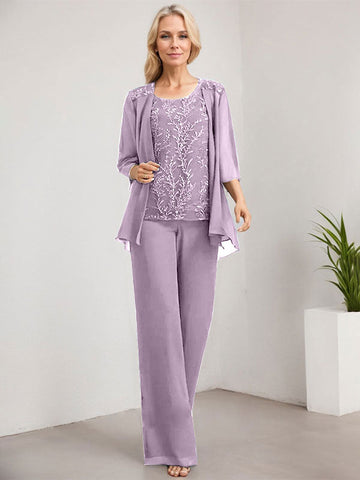 Separates Jumpsuit/Pantsuit Scoop Floor-Length Lace Chiffon Mother of the Bride Dress With Sequins